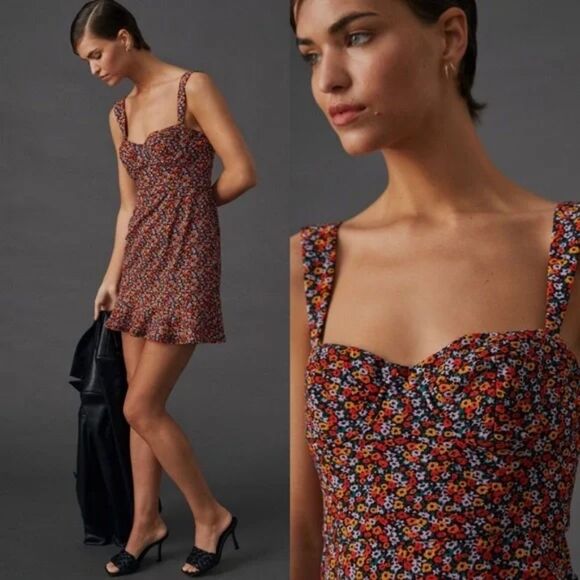Anthropologie Hutch Ditsy Floral Corset Mini Flippy Red Yellow Size XL Dress - Picture 1 of 11